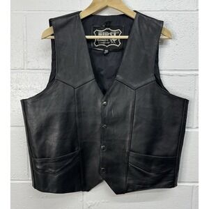First Genuine Leather Men's Black Motorcycle Biker Vest with Pockets Size 46